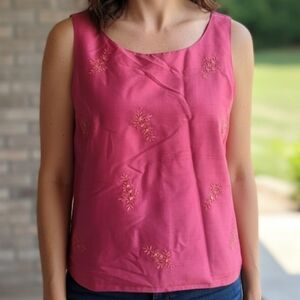 Vtg Ann TaylorSilk Pink Sleeveless Floral Embroidery Shell Blouse Tank Top 12